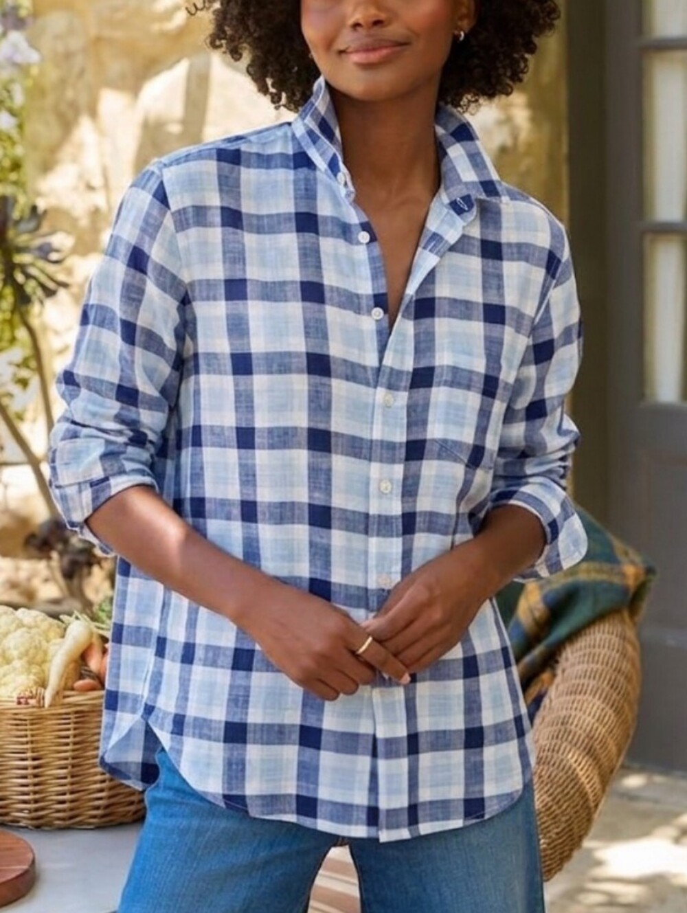 Frank & Eileen Italian Cotton Shirt "Eileen" Size XS Blue Plaid Button Up Preppy